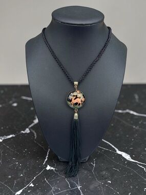 VTG Cloisonne Deer Enamel Tassel Necklace Double Sided Boho Cottagecore Fawn